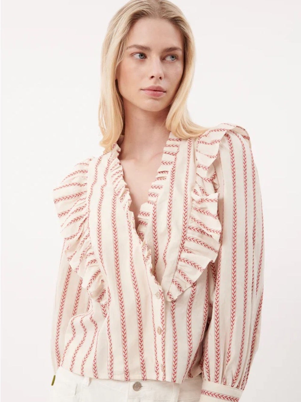 FRNCH Paris Ruffle Striped Blouse | XS